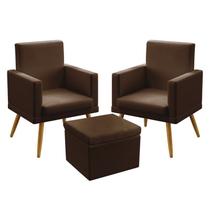 2 Poltronas Nina Estofada Com Rodapé Com Puff Quasar Couro Marrom Aradecor 2 Poltronas Nina Estofada Com Rodapé Com Puff Quasar Couro Marrom Aradecor