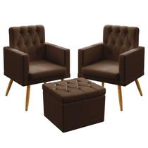2 Poltronas Nina Estofada Com Rodapé E Capitonê Com Puff Quasar Couro Marrom Aradecor