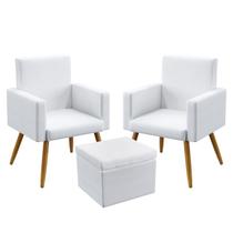 2 Poltronas Nina Estofada Sem Rodapé Com Puff Quasar Couro Branco Aradecor 2 Poltronas Nina Estofada Sem Rodapé Com Puff Quasar Couro Branco Aradecor