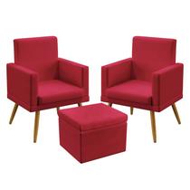 2 Poltronas Nina Para Sala de Estar Com Rodapé Com Puff Quasar Sued Vermelho Aradecor
