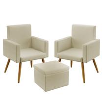 2 Poltronas Nina Sem Rodapé Com Puff Quasar Sued Bege Aradecor