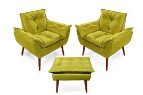 2 poltronas opala com 1 puff decorativa confortável para sala quarto recepção suede luxo