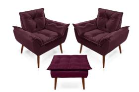 2 poltronas opala com 1 puff Vermelho Bordo decorativa confortável para sala quarto recepção suede luxo