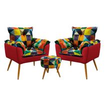 2 Poltronas Opala e Puff Solar F-015 Sued Estampado Colorido com Sued Aradecor