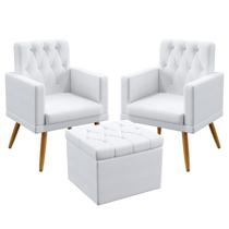 2 Poltronas Vega Para Sala de Estar Com Rodapé E Capitonê Com Puff Quasar Couro Branco Aradecor
