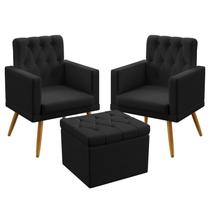 2 Poltronas Vega Para Sala de Estar Com Rodapé E Capitonê Com Puff Quasar Couro Preto Aradecor