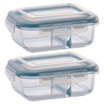 2 Pote de Vidro 1040ml Retangular Divisória Marmita Fitness