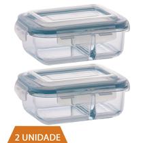 2 Pote de Vidro 640ml Retangular Divisória Marmita Fitness