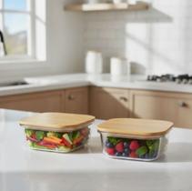 2 Potes De Vidro Boro Tampa Bambu Quadrado Hermético 1100ml