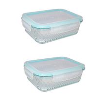 2 Potes de Vidro Diamond Retangular 1040ML Azul Hermético - Belakaza