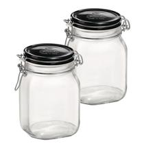 2 Potes de Vidro Tampa Preta Hermética 1 litro Fido Bormioli Rocco