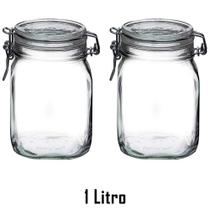 2 Potes hermético para mantimentos 1 Litro ( 1000ml ) Fido Rocco Bormioli de vidro transparente com tampa