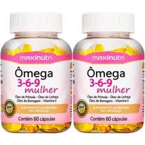 2 Potes Ômega 3-6-9 Mulher Linhaça Prímula Borragem 60 Cápsulas 1000mg Maxinutri