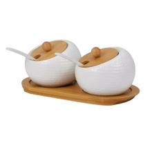 2 Potes Porta Mantimentos Cerâmica com Tampa Bambu + Bandeja Ideal para Organização de Cozinha