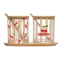 2 Potes Vidro colher e Bandeja Cherry 19 cm x 9,5cm Bambu