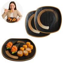 2 Pratos Sushi 22cm Preto Quadrado em Melamina Decorado