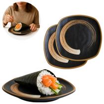 2 Pratos Sushi Japonês Melamina Preto 18cm Quadrado