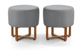 2 Pufes Banqueta Redonda Para Sala Decoração Interior Pes Ferro Cobre Tecido Cinza