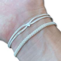 2 Pulseiras Femininas Pipoca Fios Coração Prata 925 Legítima