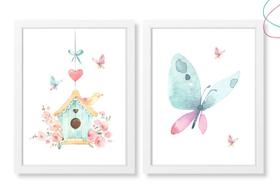 2 Quadros decoração borboleta passarinho aquarela c/ moldura