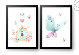 2 Quadros decoração borboleta passarinho aquarela c/ moldura 2 Quadros decoração borboleta passarinho aquarela c/ moldura
