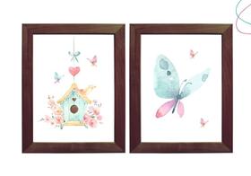 2 Quadros decoração borboleta passarinho aquarela c/ moldura