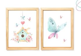 2 Quadros decoração borboleta passarinho aquarela c/ moldura