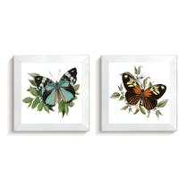 2 Quadros Decorativos Borboletas e Flores Coloridas Moldura Caixa Alta Vidro