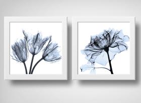 2 Quadros Decorativos Flores Azuis Moldura Caixa Alta Vidro