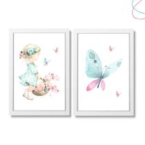 2 Quadros Infantis Menina Aquarela Borboletas e Flores