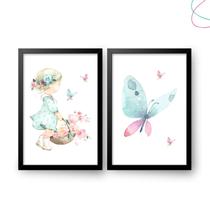 2 Quadros Infantis Menina Aquarela Borboletas e Flores