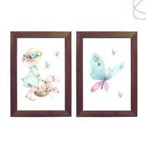 2 Quadros Infantis Menina Aquarela Borboletas e Flores