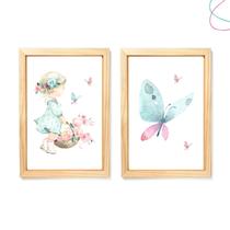 2 Quadros Infantis Menina Aquarela Borboletas e Flores