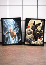 2 Quadros Pokemon Jolteon Raio C/ Vidro e Moldura Preto Tam:A4