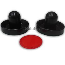 2 Rebatedores Pretos 9,5cm + 1 Disco 6,4cm De Air Game / Air Hockey