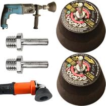 2 Rebolos Copo Cônico 4 Polegadas Grão 120 Rosca M14 Forcety + 2 Pinos Adaptadores KaQi