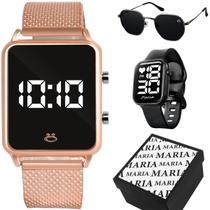 2 relogio feminino digital led rose + oculos sol rose casual rosa qualidade premium original preto moda