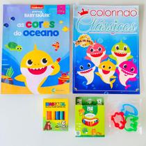 2 Revistas Baby Shark Ler E Colorir Lápis De Cor + Massinha