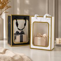2 Sacolas Presente Luxo Marmorizada Com Visor Transparente Embalagem Premium Branco Preto Para Presentes Festas 2 Sacolas Presente Luxo Marmorizada Com Visor Transparente Embalagem Premium Branco Preto Para Presentes Festas