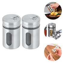 2 Saleiros Porta Tempero Pimenteiro Luxo Aço Inox Com Visor 2 Saleiros Porta Tempero Pimenteiro Luxo Aço Inox Com Visor