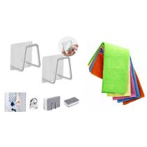 2 Suporte De Esponja Bucha Pia Aço Inox + 5 Pano Microfibra