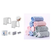 2 Suporte De Esponja Bucha Pia Aço Inox + 6 Pano Microfibra