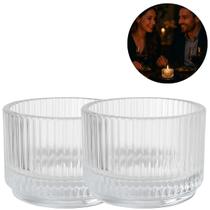 2 Suportes Castiçal Porta Velas Vidro Redondo Relevo 40ml