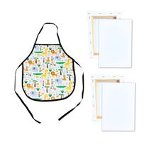 2 Telas Para Pintura 15x22cm e Avental Infantil Estampado Branco Kit 2 Telas Para Pintura 15x22cm e Avental Infantil Estampado Branco Kit