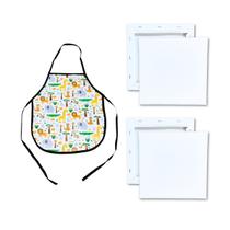 2 Telas Para Pintura 20x20cm e Avental Infantil Estampado Branco Kit