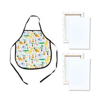 2 Telas Para Pintura 20x30cm e Avental Infantil Estampado Branco Kit