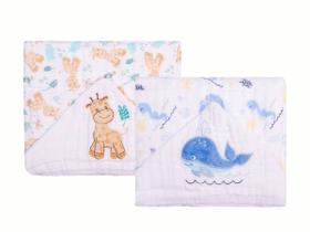 2 Toalhas Fralda De Banho Bebê C/capuz Tecido Soft 3 Camadas Macia Azul e Bege Enxoval 100% Algodão Para Meninos