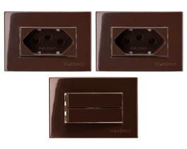 2 Tomada Móvel 3 Pinos 10a + Interruptor Duplo Marrom Embutir Painel Margirius