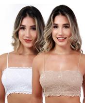 2 Top Faixa Sem Bojo Renda Moda Blogueira Lingerie Sutiã Branco e Nude