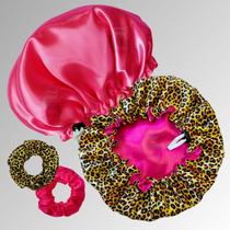 2 Touca de Cetim Dupla Face com Regulagem 2 Xuxinhas Scrunchie Antifrizz